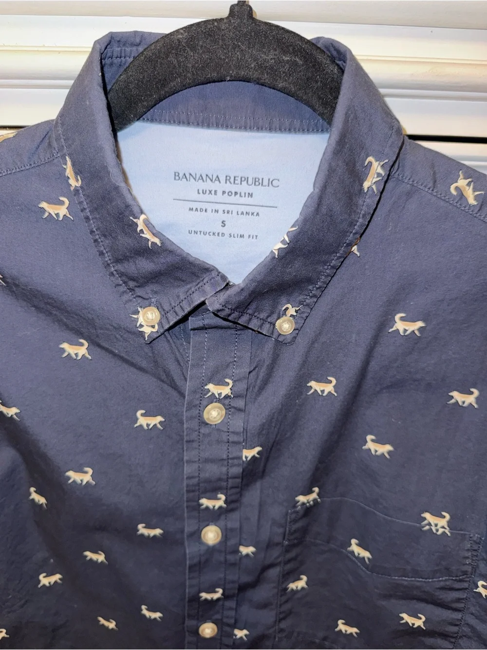 Men’s Banana Republic Navy Blue/Dog Print, Poplin Long Sleeve Button-Down Shirt